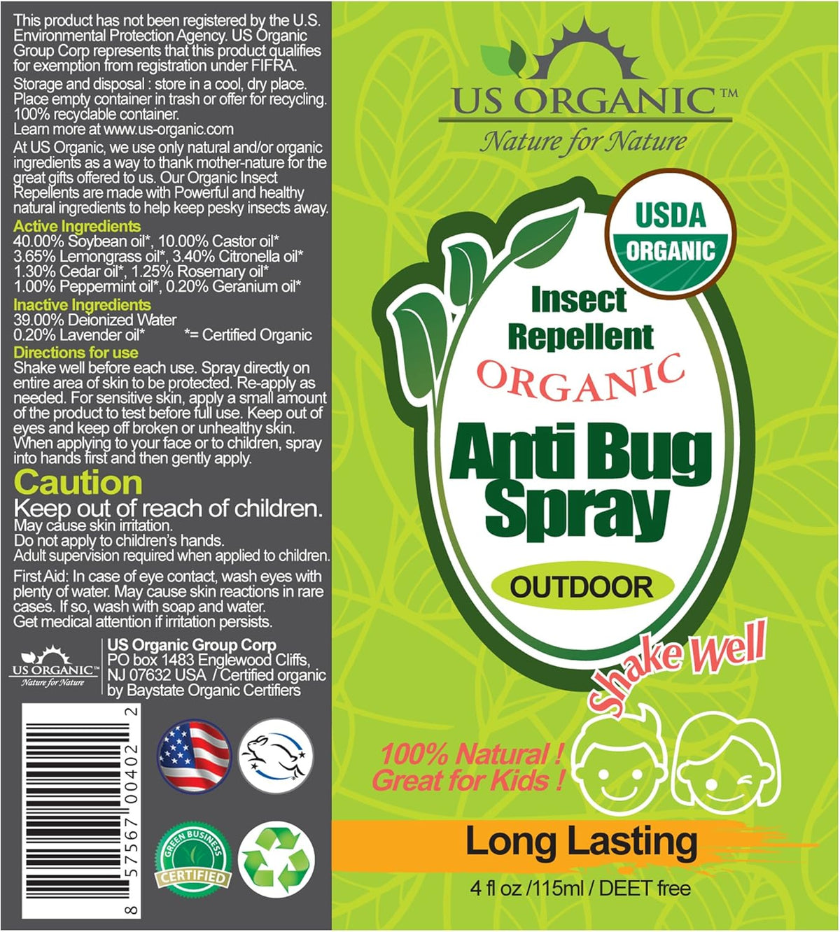 US Organic Mosquito Repellent Anti Bug Outdoor Pump Spray, 4 oz, Certified Organic, DEET-Free