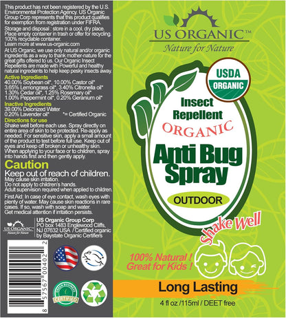 US Organic Mosquito Repellent Anti Bug Outdoor Pump Spray, 4 oz, Certified Organic, DEET-Free