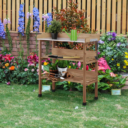 Yaheetech Potting Bench Outdoor Console Table w/3-Tier Storage,Brown