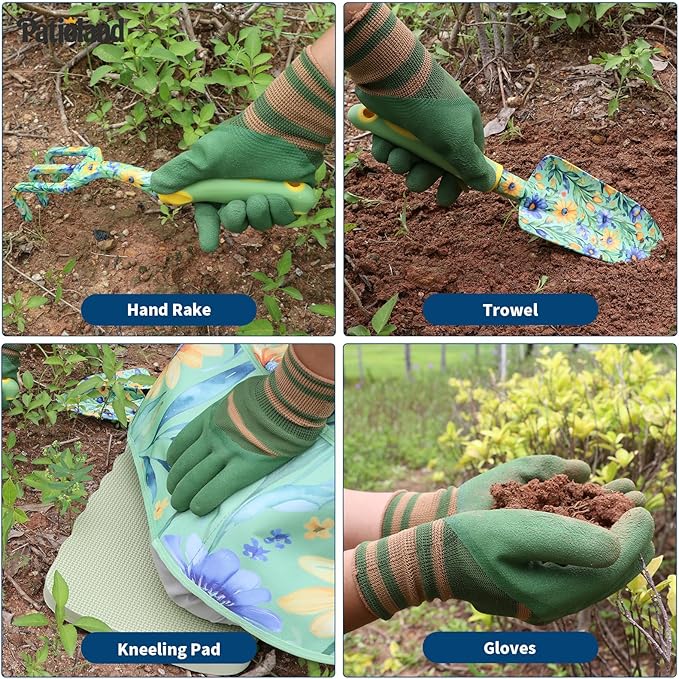 10-Piece Garden Tool Set – Green Floral Gardening Hand Tools with Non-Slip Handles, Heavy Duty