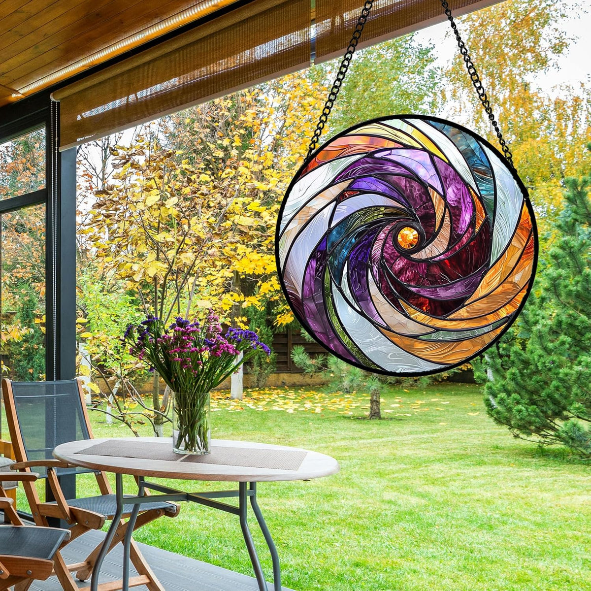 Stained Glass Window Hanging, Colorful Abstract Spiral Pattern Suncatcher for Doors Window Home Sun
