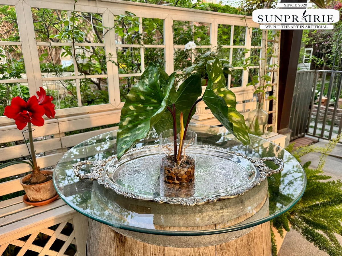 SUNPRAIRIE Tropical Artificial Plant in Clear Pot with Artificial Water, Wide Arrowhead Leaves.