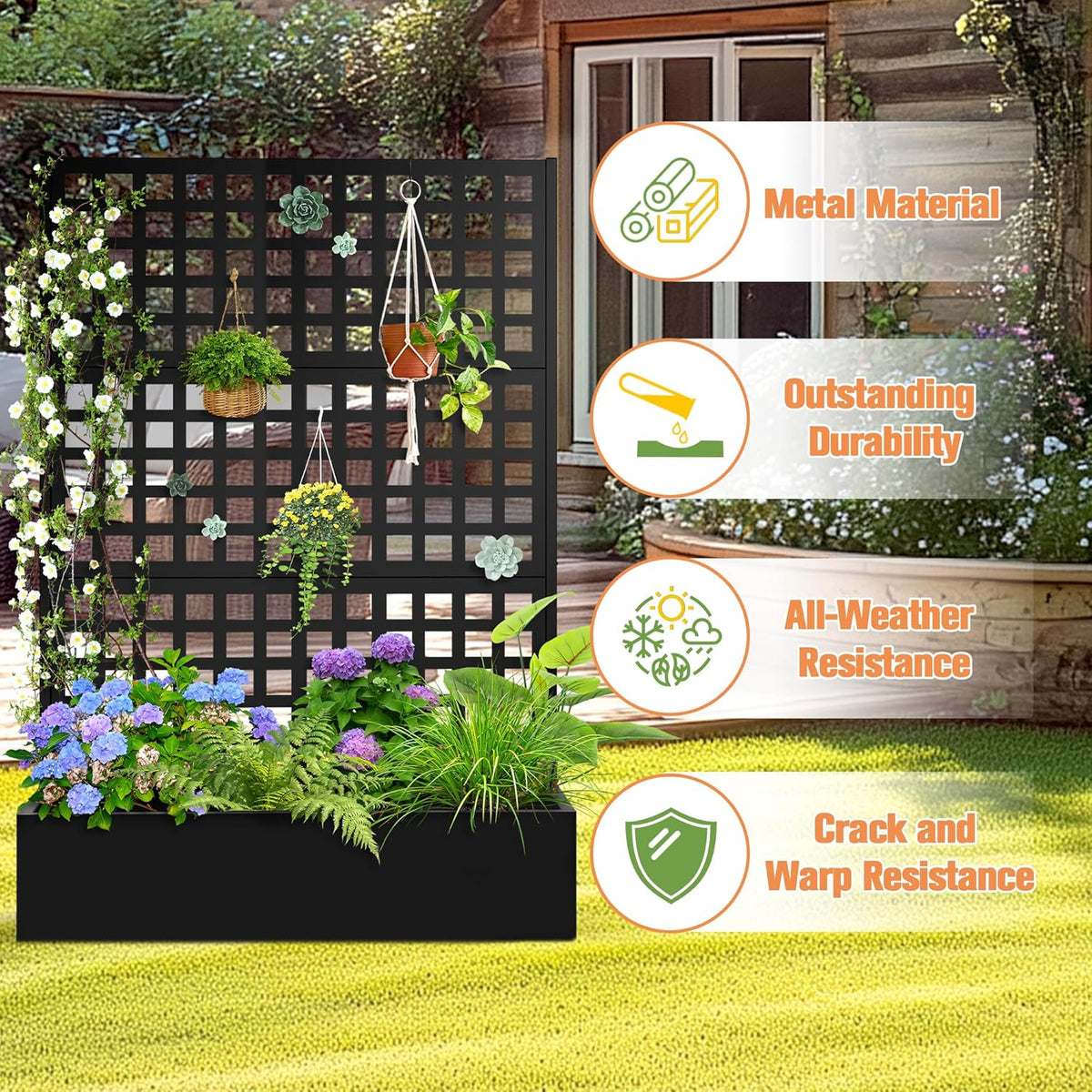 Metal Planter Box with Trellis & Wheels, Raised Garden Bed with Privacy Screen, Outdoor Standing