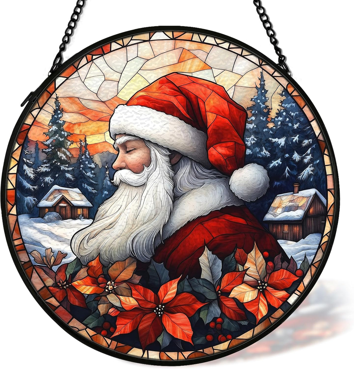 Christmas Santa Suncatcher Stained Glass Window Hanging Decor, Farmhouse Winter Xmas Santa Stained