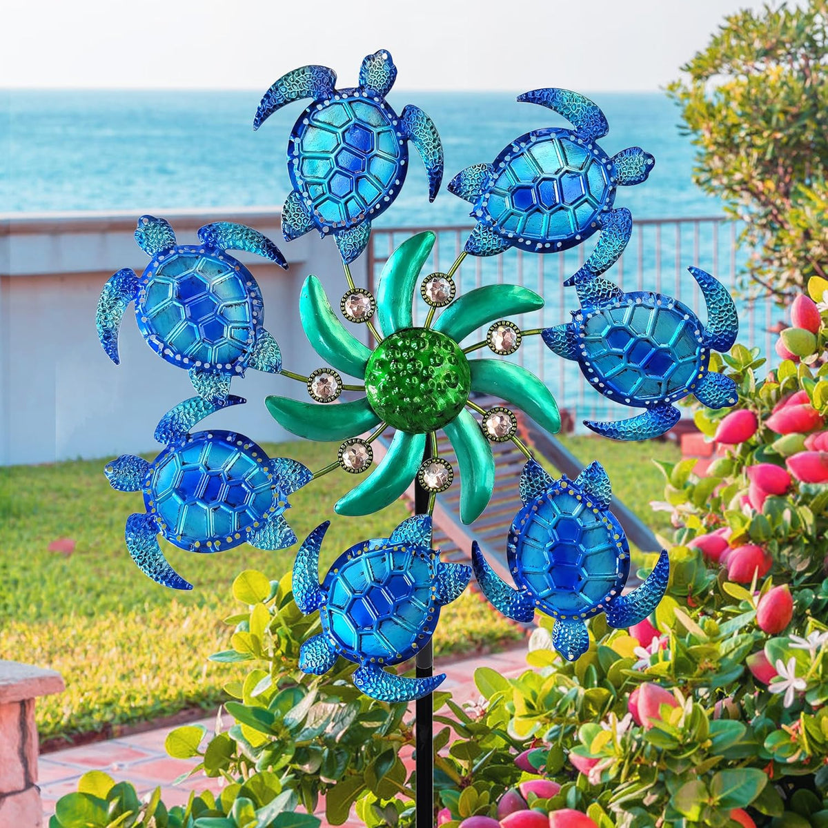 39" Sea Turtle Wind Spinners Metal Garden Stake-Outdoor Ocean Theme Wind Spinners - Metal Stake