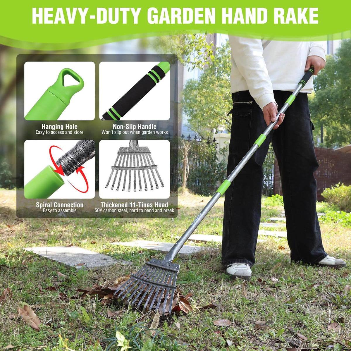WORKPRO Rake, Small Rake for Leaves with 72” Adjustable Long Handle, 11 Steel Tines, Heavy Duty