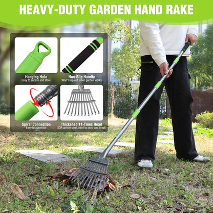 WORKPRO Rake, Small Rake for Leaves with 72” Adjustable Long Handle, 11 Steel Tines, Heavy Duty