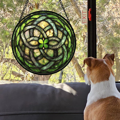 Stained Glass Window Hanging, Abstract Green Clover Sun Catchers Colorful Glass Panel Bless