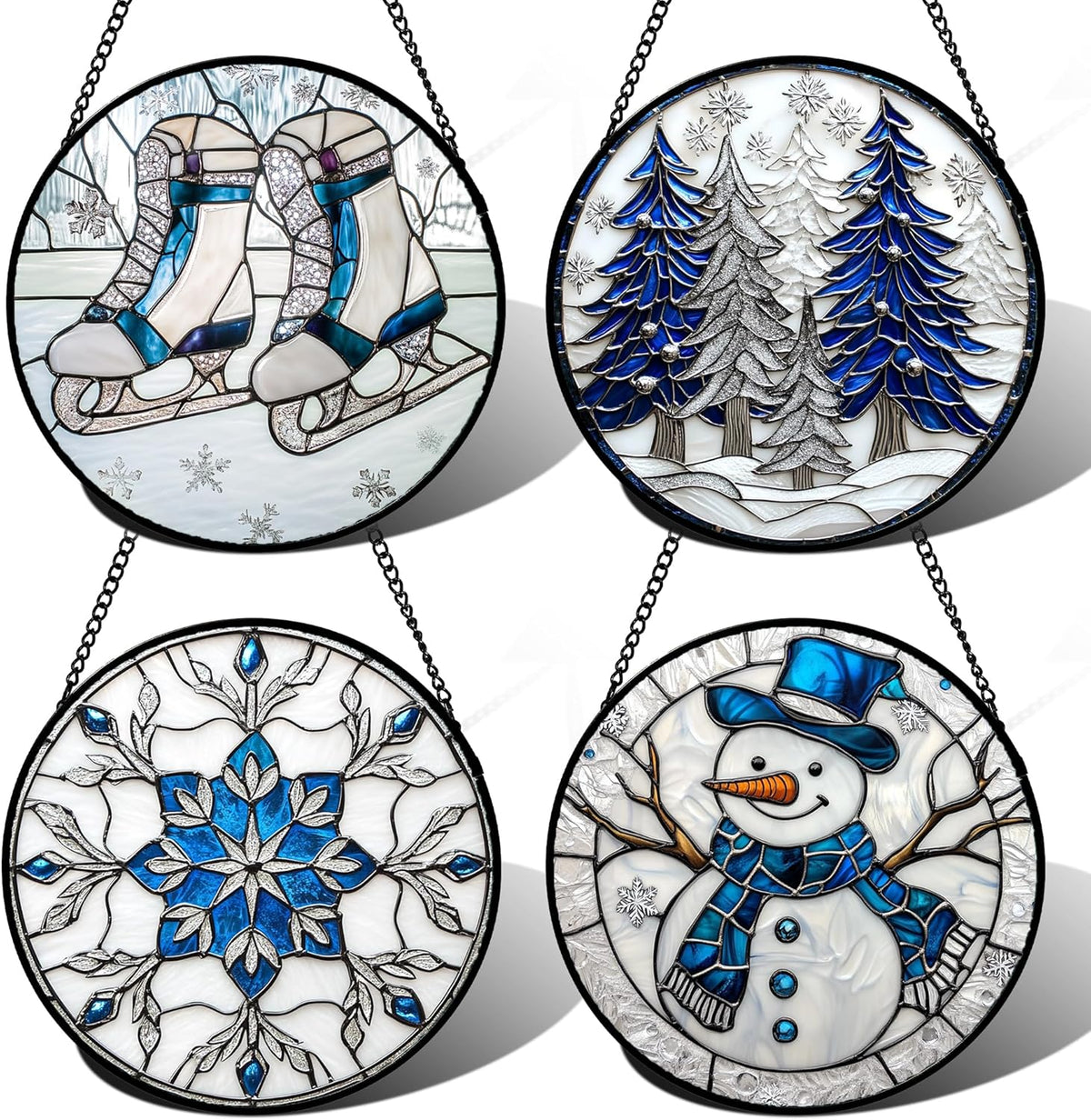 Stained Glass Window Hanging 4 Pcs Set White Winter Christmas Snow Scene 9.8" - Suncatcher Door
