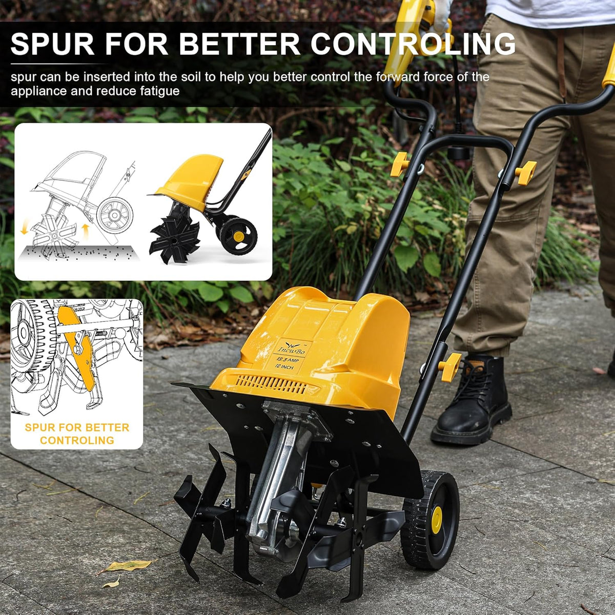 Electric Tiller/Cultivator 4 Steel Tines, 8'' Tilling Depth Garden Roto Tillers for Gardening, 13.5