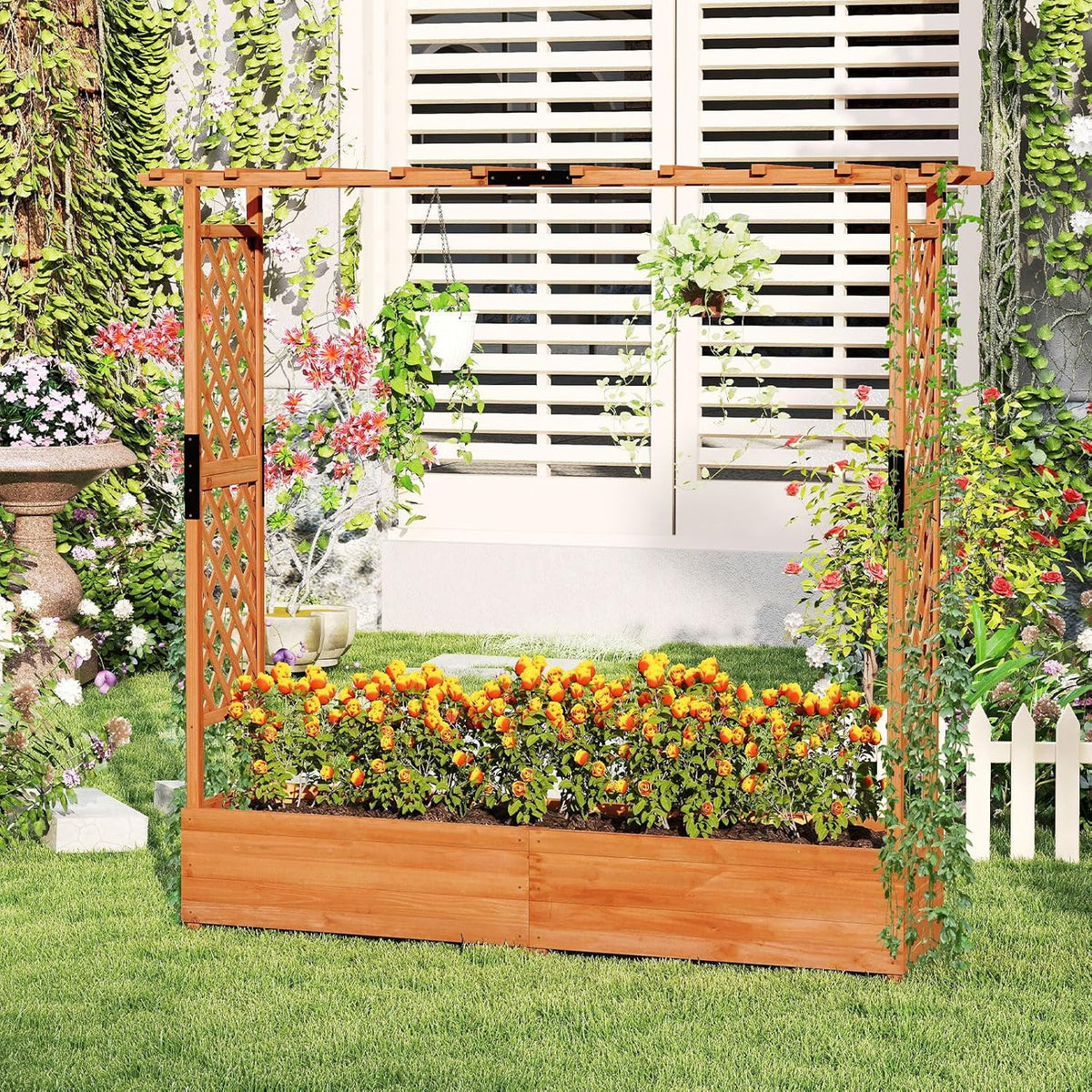 S AFSTAR 77-Inch Raised Garden Bed with Arch Trellis, Hanging Roof & Drainage Holes, Vertical Plant