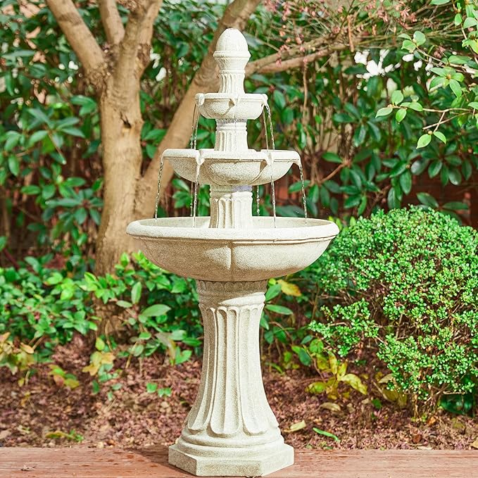 Glitzhome Water Fountain Outdoor Floor-Stand Fountains with LED Light & Pump, Oversized 3 Tier