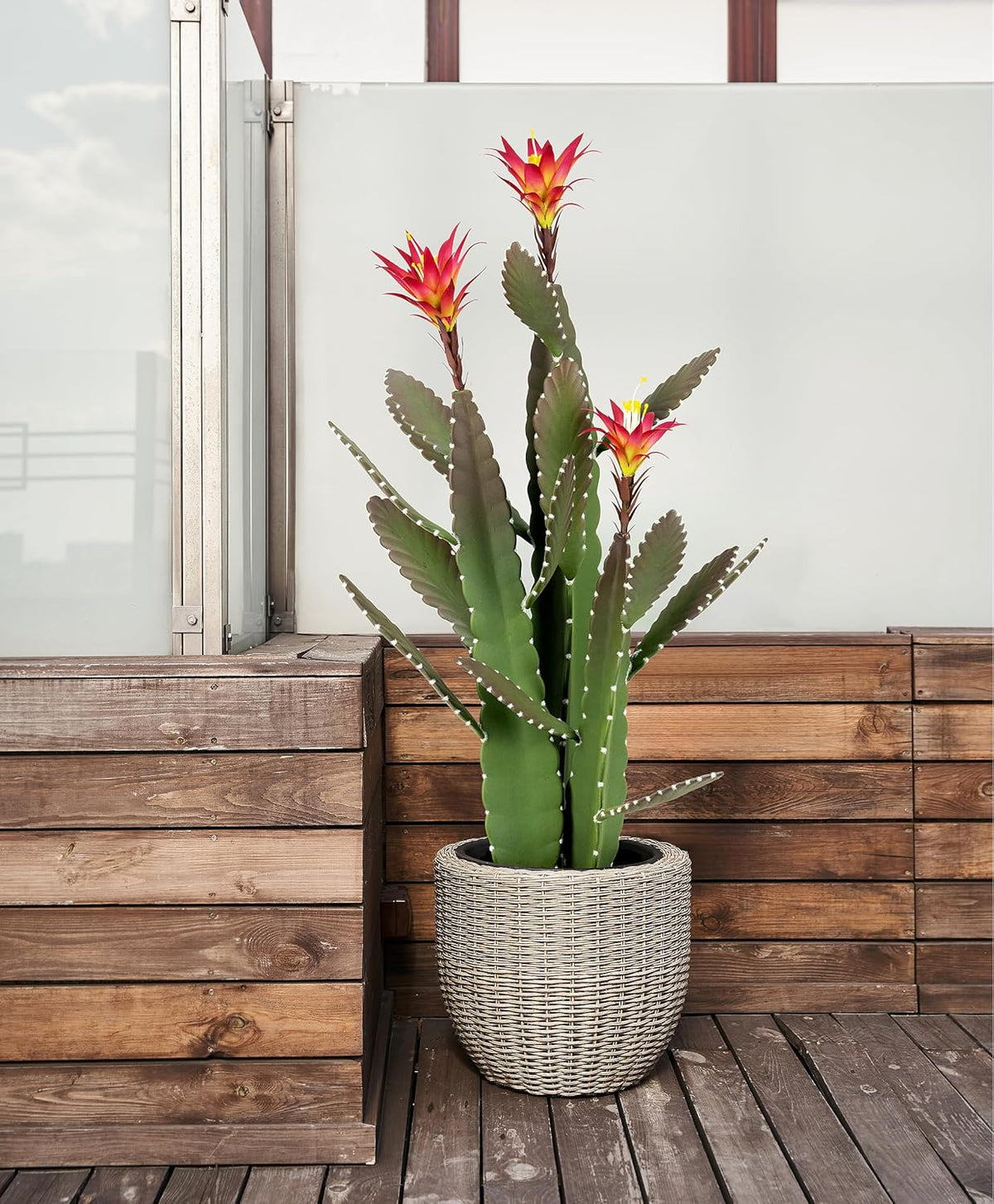 33 Inch Large Artificial Cactus with Magenta Flowers in Pot with Natural Gravel. Satin Finish