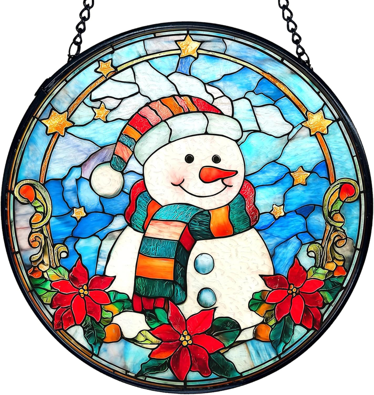 TNUW Snowman Christmas Stained Glass Window Hanging, Snowman Winter Xmas Flowers Sun Catchers