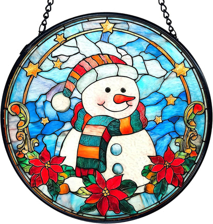 TNUW Snowman Christmas Stained Glass Window Hanging, Snowman Winter Xmas Flowers Sun Catchers