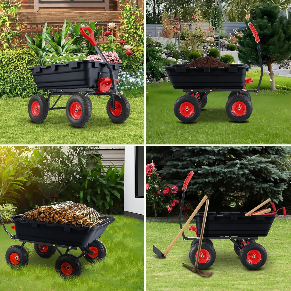 Garden Dump Cart,Heavy Duty 900lbs Poly Wheelbarrow with 10-Inch Tires,180° Rotating Handle,Steel