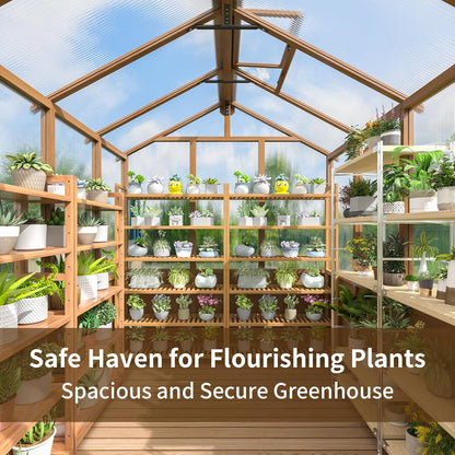 6x8 FT Greenhouse, Wooden Walk-in Greenhouse for Outdoors with 6MM Thick Polycarbonate Panel and