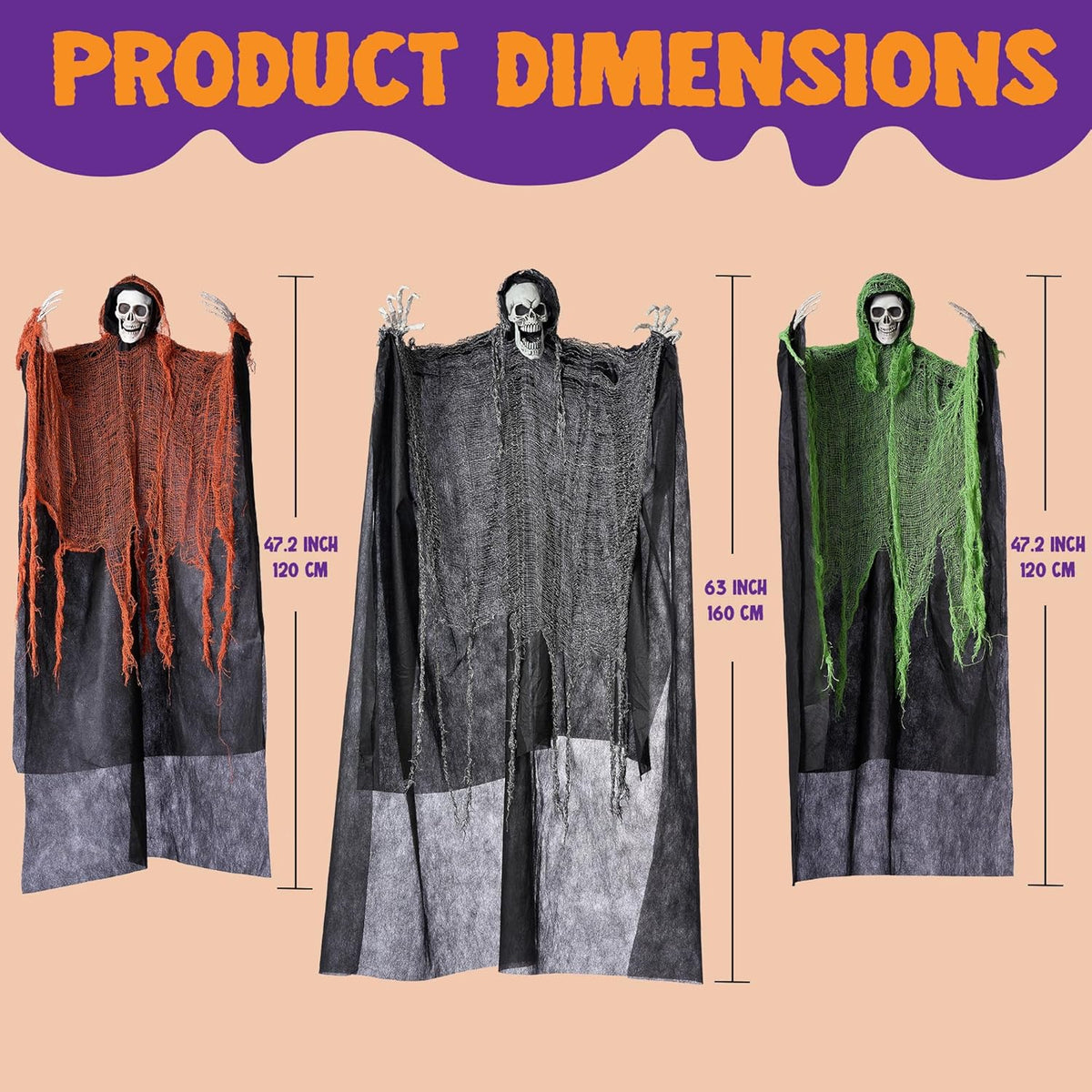 JOYIN 3 Pcs Halloween Hanging Grim Reapers, one 63” Two 47” Grim Reapers, Halloween Skeleton
