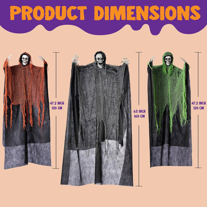 JOYIN 3 Pcs Halloween Hanging Grim Reapers, one 63” Two 47” Grim Reapers, Halloween Skeleton