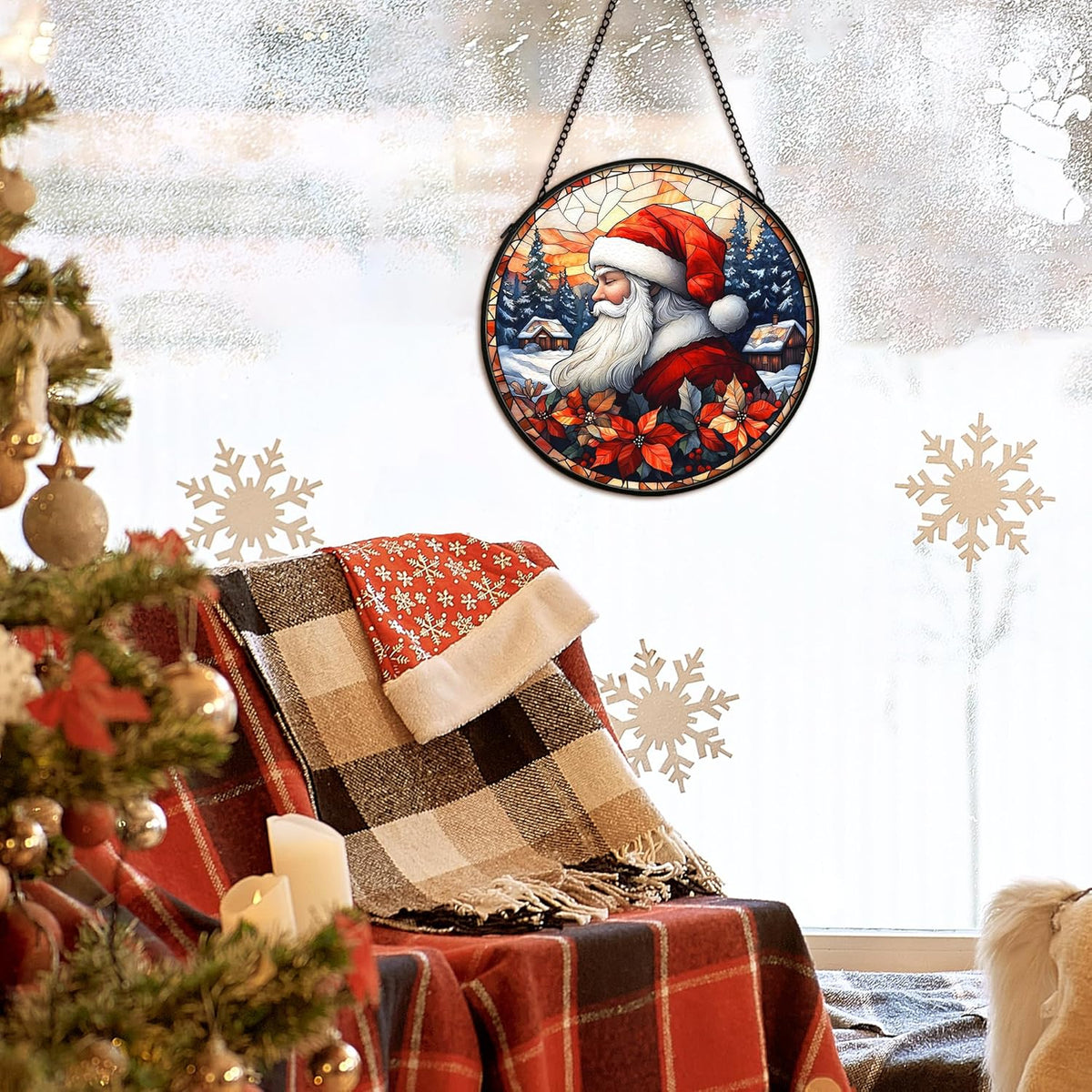 Christmas Santa Suncatcher Stained Glass Window Hanging Decor, Farmhouse Winter Xmas Santa Stained
