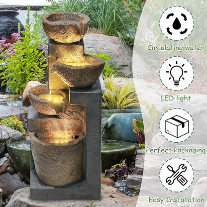 4-Tiers Cascading Bowls Outdoor Water Fountain with LED Light, Standing Cascading Water Feature