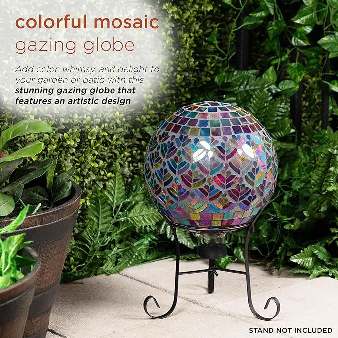 Alpine Corporation - Outdoor Glass Mosaic Peacock Gazing Globe - Iridescent Garden Decor, 10"