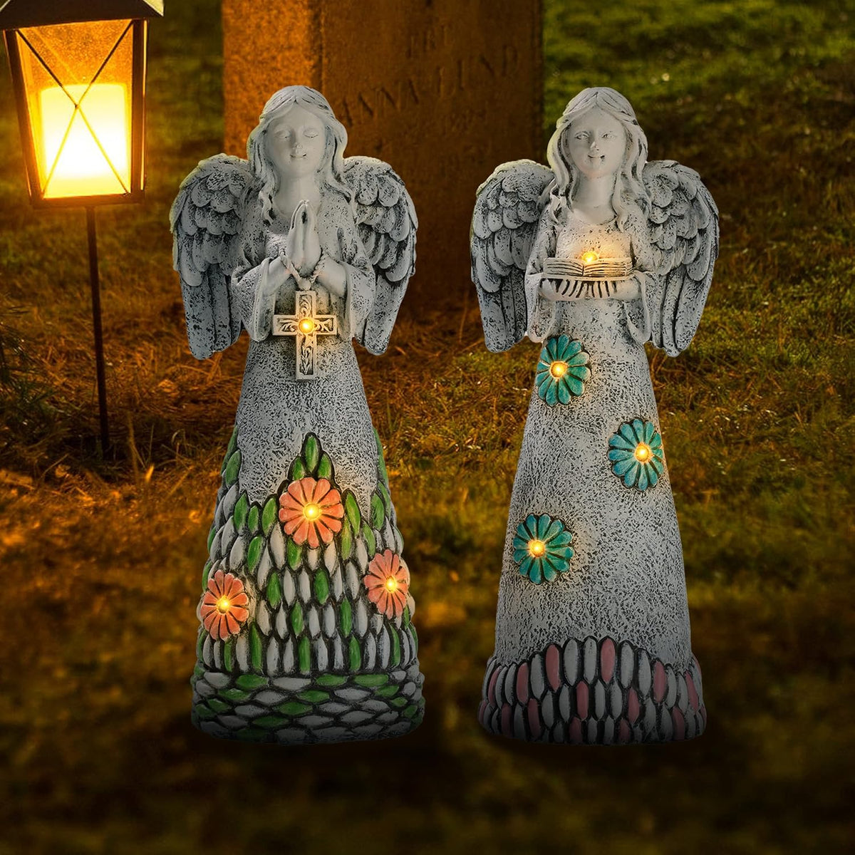 TERESA'S COLLECTIONS Angel Garden Statues with Solar Outdoor Light for Garden Decor, 2 Pack Resin