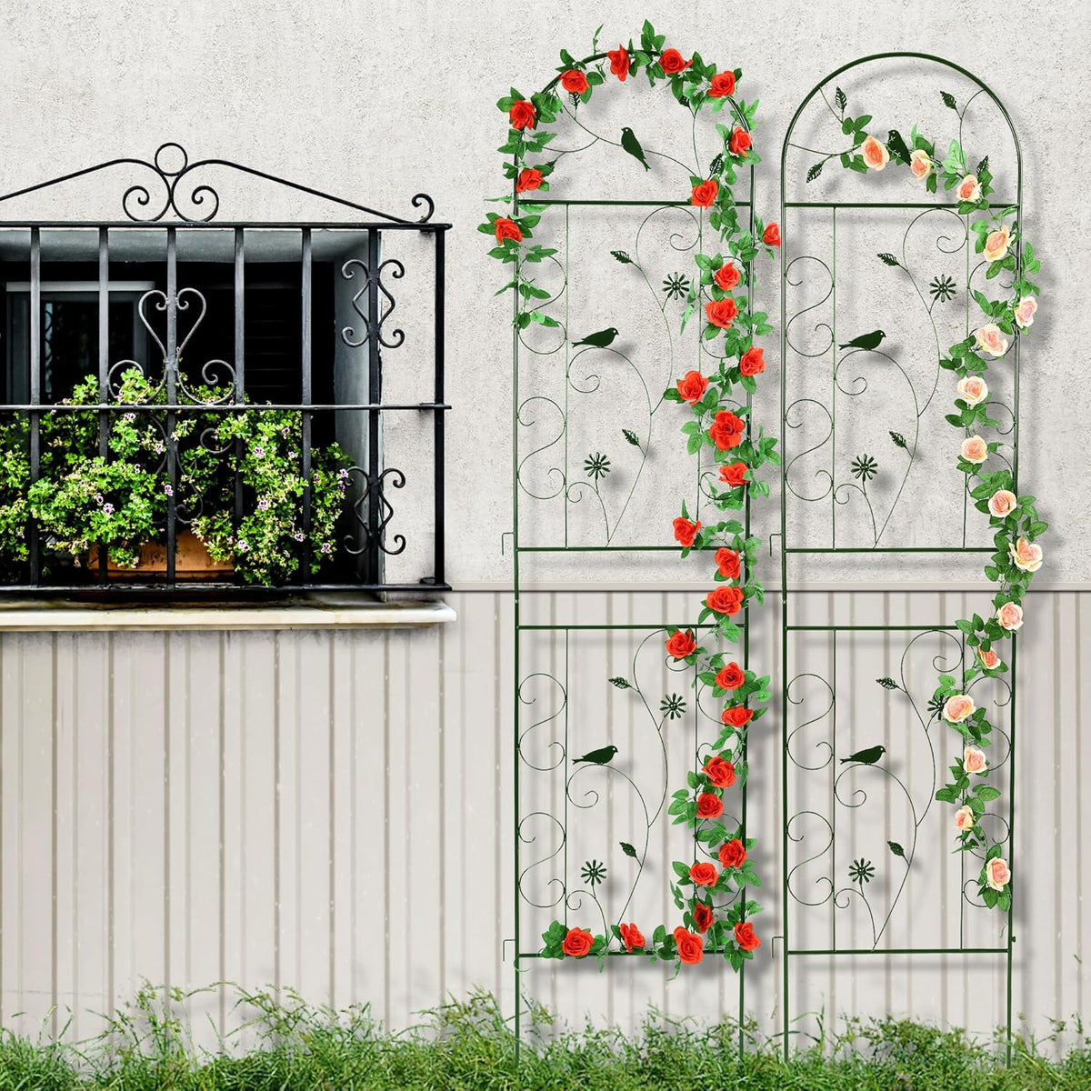 Metal Garden Trellis for Climbing Plants, 86.5" x 19.7" metal plant trellis outdoor, Black Iron