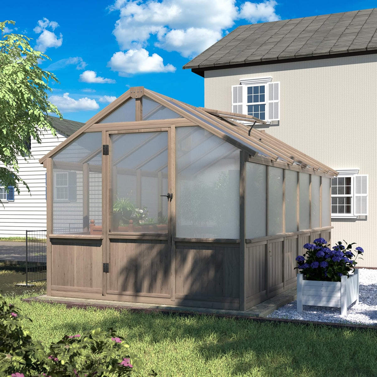 8x12 FT Greenhouse Kit with 6MM Thick Polycarbonate Panel for Outdoor, Wooden Walk-in Green House