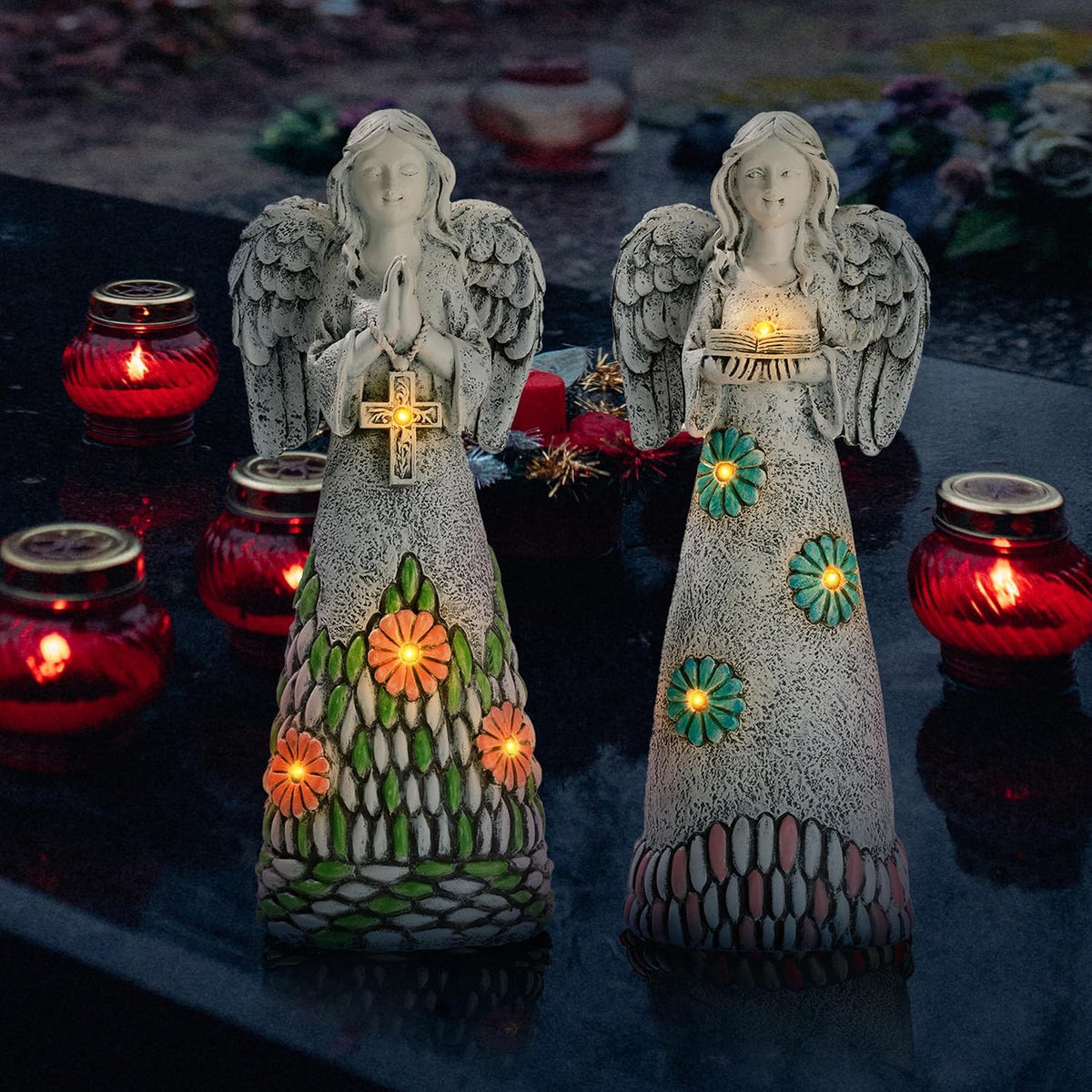 TERESA'S COLLECTIONS Angel Garden Statues with Solar Outdoor Light for Garden Decor, 2 Pack Resin