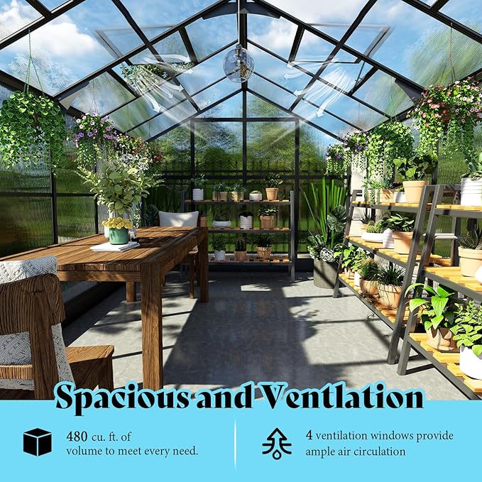AMERLIFE 8x12x7FT Polycarbonate Greenhouse, Walk in Greenhouse with Quick-Connect System, Green