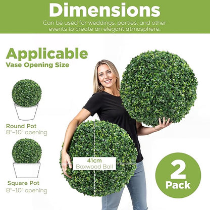 DRAY Premium 16.14" Faux Boxwood Balls – Set of 2 Artificial Topiary Spheres for Outdoor & Indoor