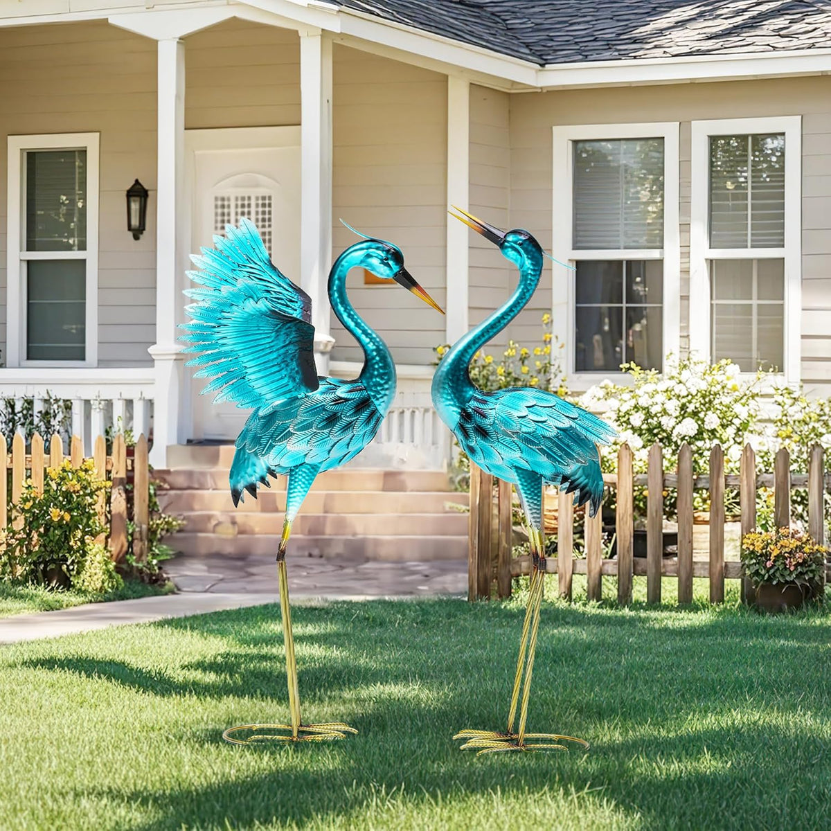 36.75" Metal Crane Garden Statue, Handcrafted Oversized Blue Heron Decor Sculptures with Stable