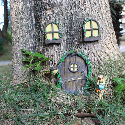 Fairy Door and Windows Garden Kit Accessories Outdoor, Glow in Dark Gnome House for Tree, Lawn Yard