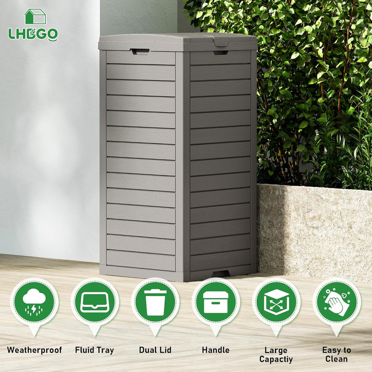 Outdoor Trash Can, 31 Gallon Garbage Can with Tiered Lid and Drip Tray, Waterproof Resin Patio