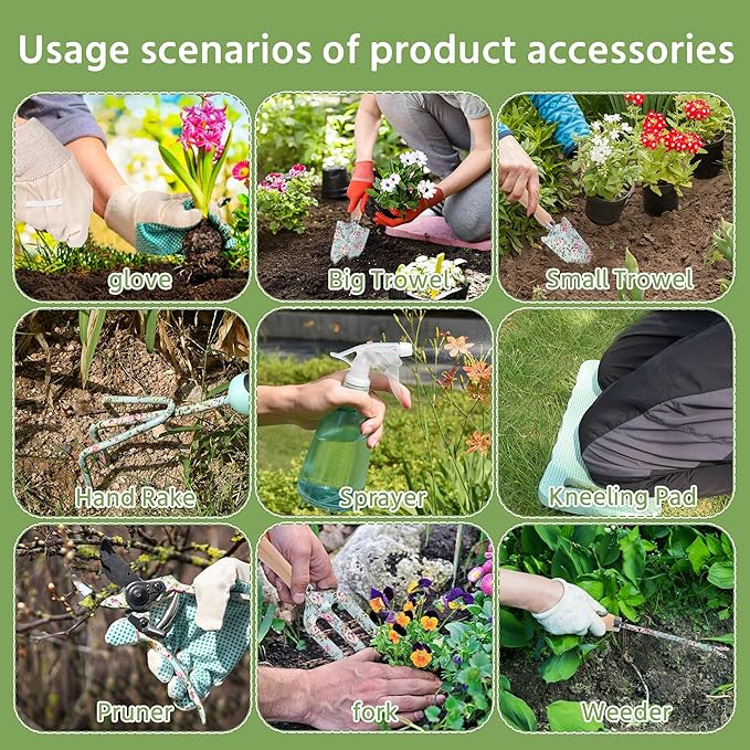 WNJ Gardening Tool Set, 10 PCS Heavy Duty Floral Pattern Garden Tools Set Kit, Complete Gardening
