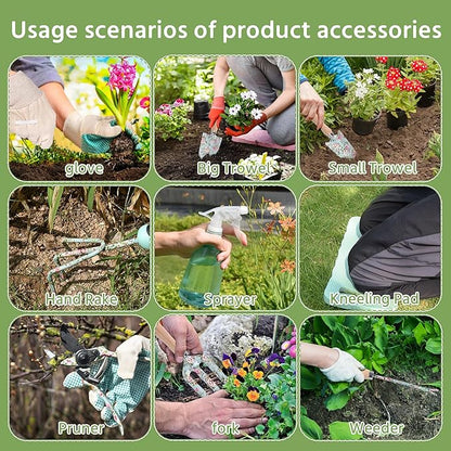 WNJ Gardening Tool Set, 10 PCS Heavy Duty Floral Pattern Garden Tools Set Kit, Complete Gardening