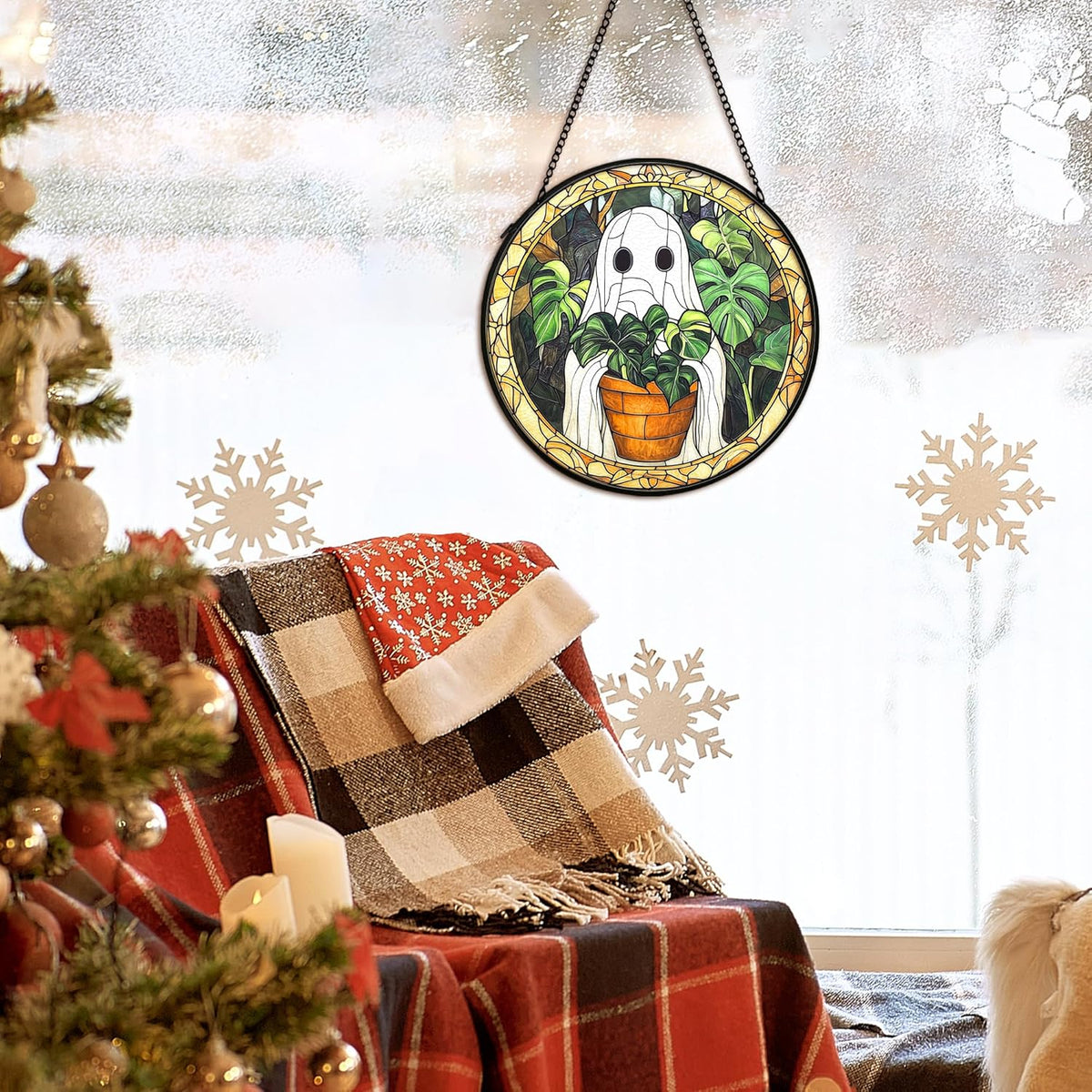 Halloween Ghost Suncatcher Stained Glass Window Hanging Decor, Cute Ghost Stained Glass Wall Decor
