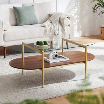 X-Large Oval Glass Coffee Table, Mid-Century Modern Design, L47 x W24 x H17 inch, for Living Room