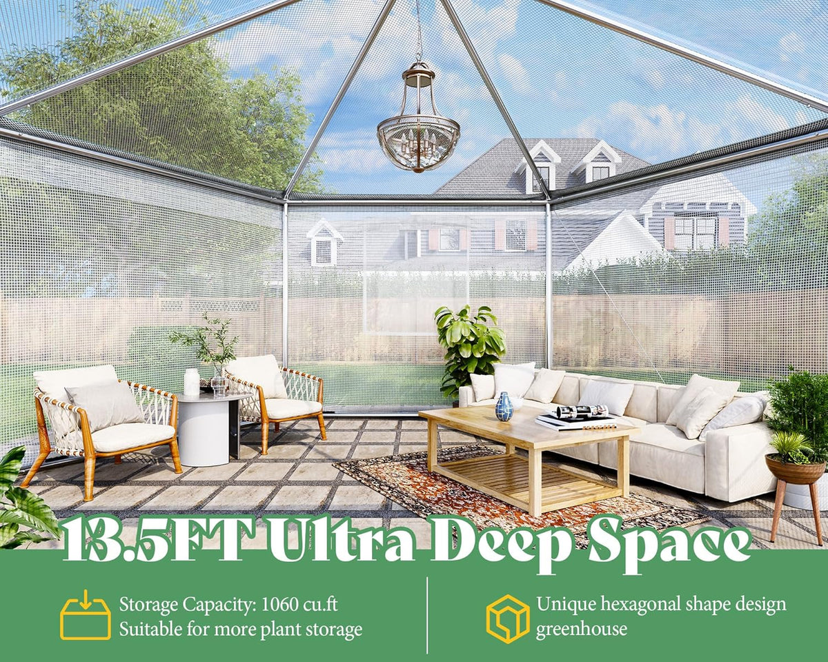 AMERLIFE 13.5x13.5x9 FT Hexagonal Walk-in Greenhouse for Outdoors, Heavy-Duty Greenhouse with