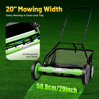 20 Inch 5-Blade Push Reel Lawn Mower, Cordless Manual Lawn Mower with Grass Catcher, Adjustable