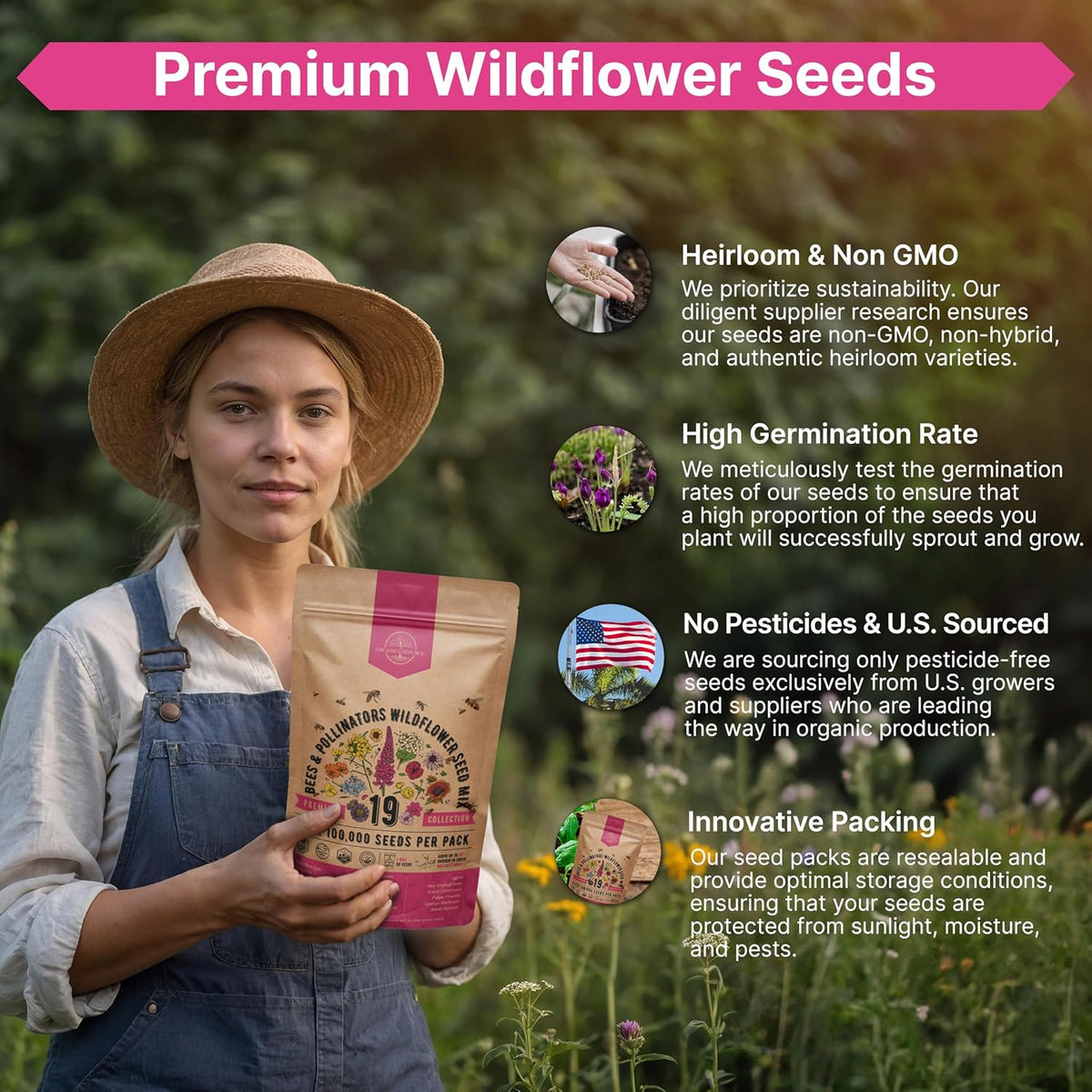 Organo Republic 19 Annual & Perennial Wildflower Seeds Mix for Indoor and Outdoors, Attract Bees &