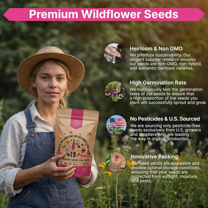 Organo Republic 19 Annual & Perennial Wildflower Seeds Mix for Indoor and Outdoors, Attract Bees &