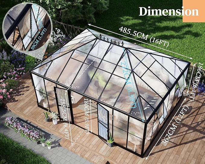 HOWE 16x12x9.5 FT Polycarbonate Greenhouse for Outdoors, Pavilion Style Greenhouse with 4 Vent