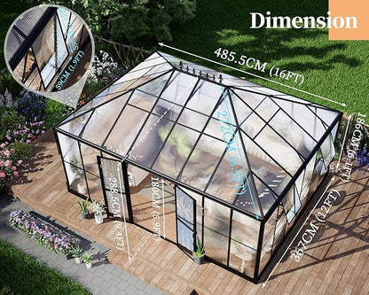 HOWE 16x12x9.5 FT Polycarbonate Greenhouse for Outdoors, Pavilion Style Greenhouse with 4 Vent