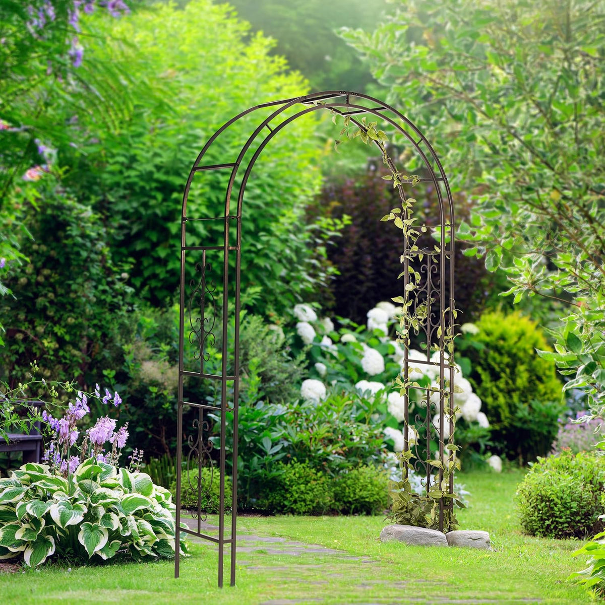 Evergreen Plow & Hearth Montebello-Gunmetal Garden Arbor - 7 Feet Tall | Slim Metal Arch with Iron