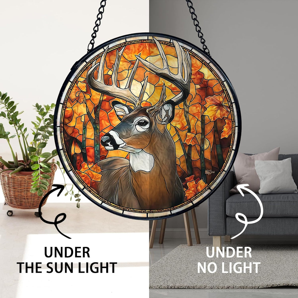 TNUW Fall Deer Stained Glass Window Hanging, Rustic Autumn Forest Wildlife Deer Sun Catchers Indoor