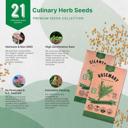 21 Culinary Herb Seeds Variety Pack - Heirloom, Non-GMO, Herb Seeds for Planting Outdoor and Indoor