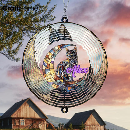 Personalized Cat & Moon Wind Spinner 3D Stainless Steel, Cat Garden Spinner Hanging Outdoor Decor