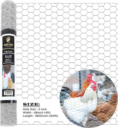 Chicken Wire 48 in x 150 FT x 2” Mesh x 20GA | Poultry Wire Netting | Hot Dipped Galvanised |